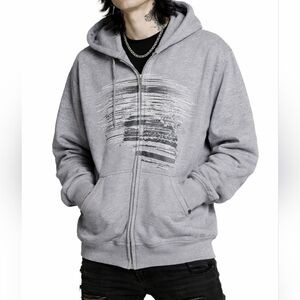 Deviant Clothing Gray Zip-Up Hoodie L Graphic Back Print Abstract Streetwear